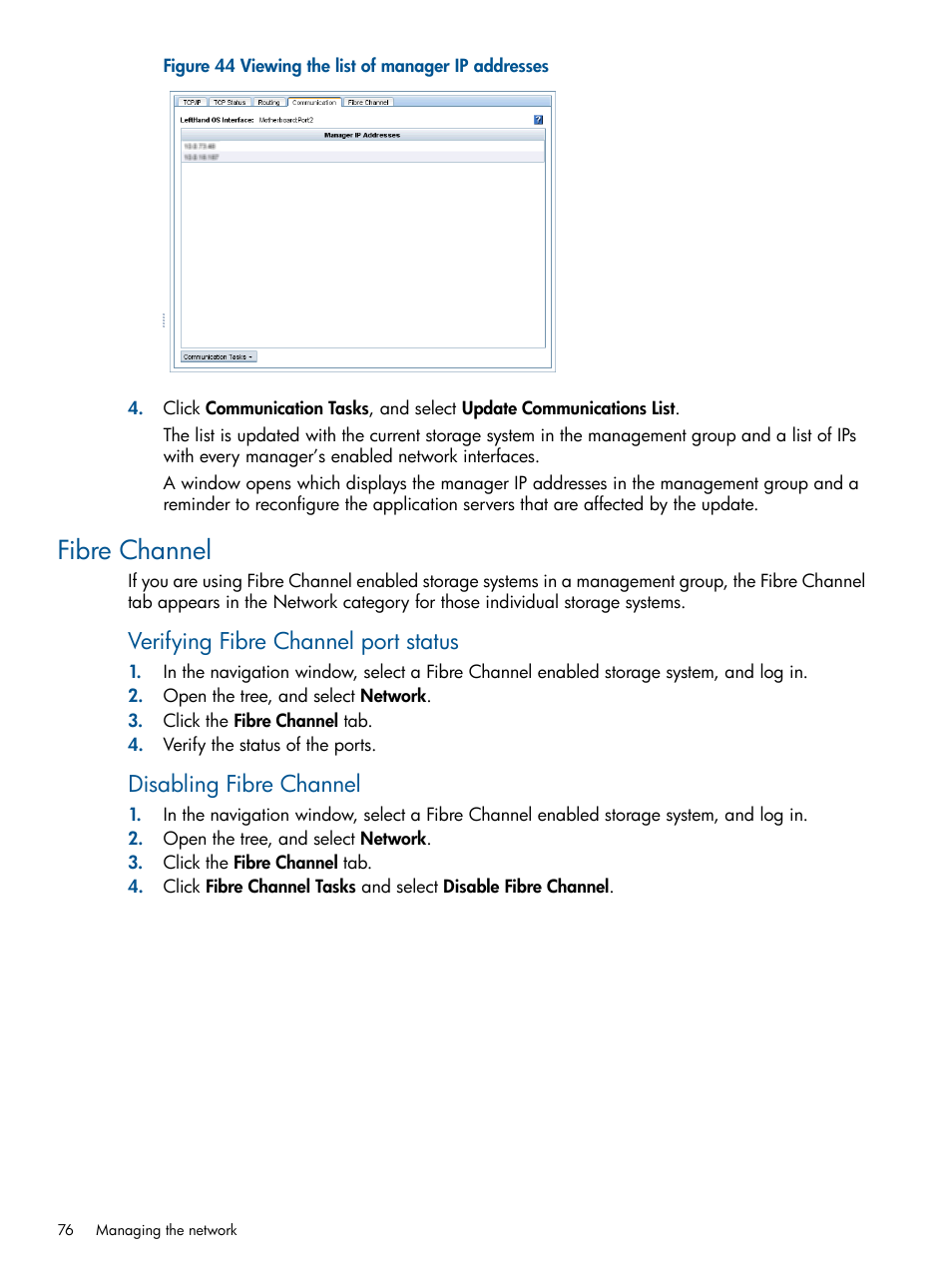 Fibre channel, Verifying fibre channel port status, Disabling fibre channel | HP StoreVirtual 4000 Storage User Manual | Page 76 / 288