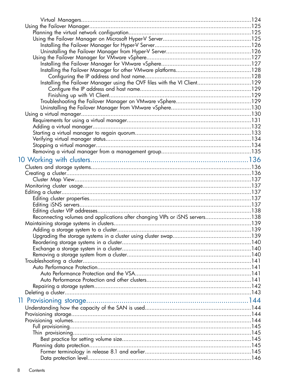 10 working with clusters, 11 provisioning storage | HP StoreVirtual 4000 Storage User Manual | Page 8 / 288