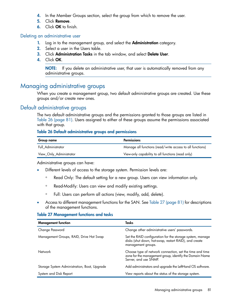 Deleting an administrative user, Managing administrative groups, Default administrative groups | HP StoreVirtual 4000 Storage User Manual | Page 81 / 288