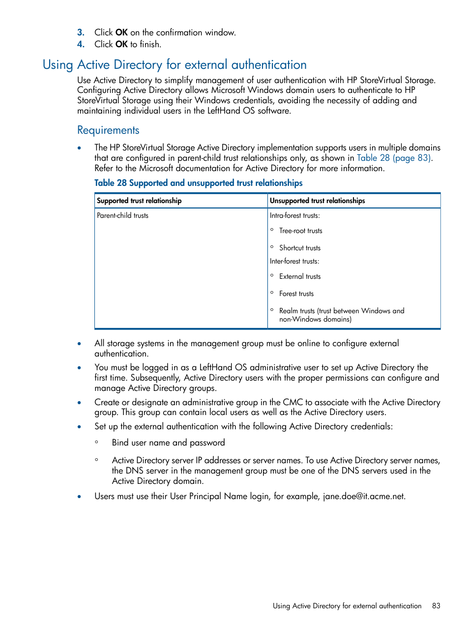 Using active directory for external authentication, Requirements | HP StoreVirtual 4000 Storage User Manual | Page 83 / 288