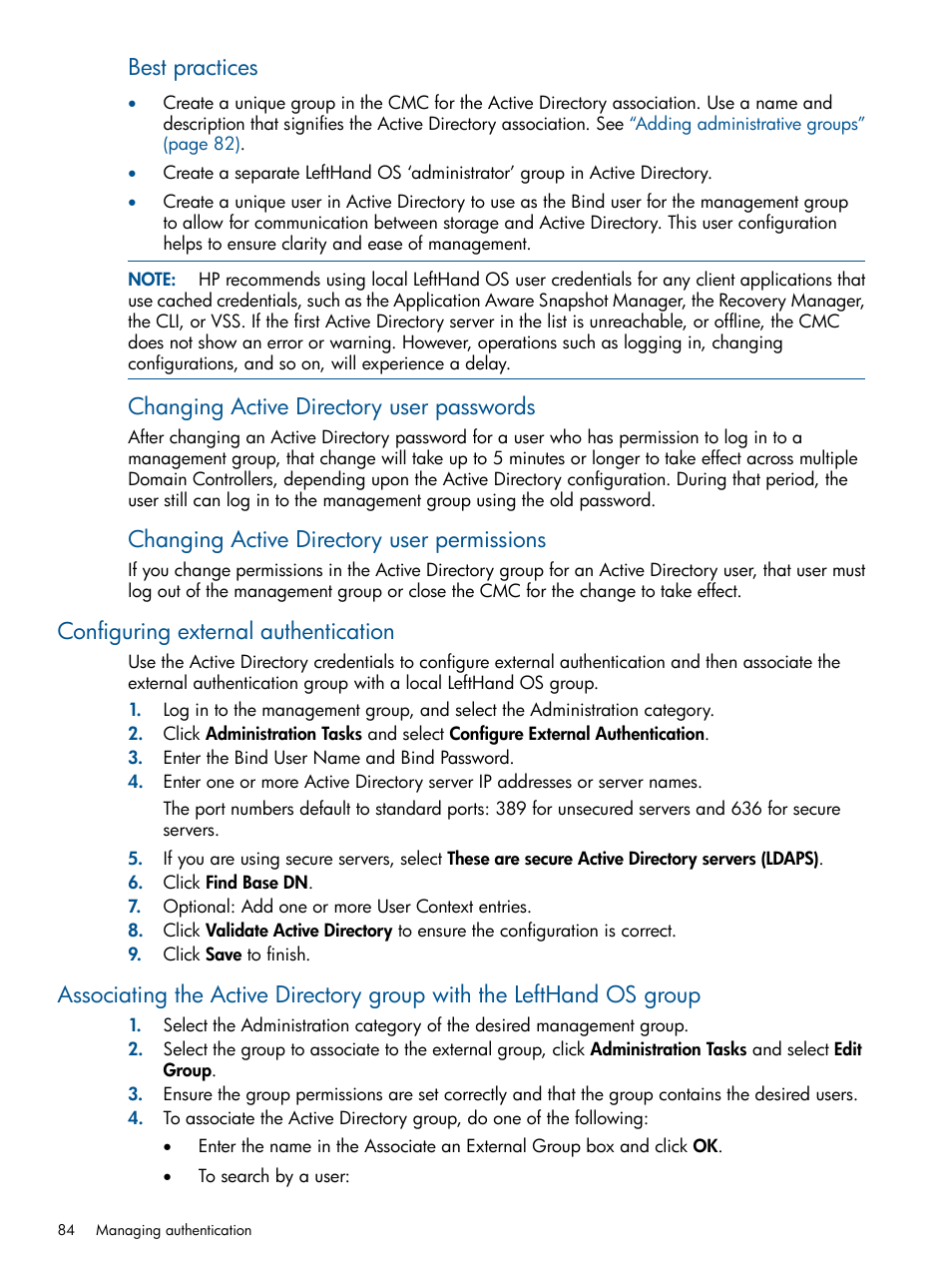 Configuring external authentication, Best practices, Changing active directory user passwords | Changing active directory user permissions | HP StoreVirtual 4000 Storage User Manual | Page 84 / 288