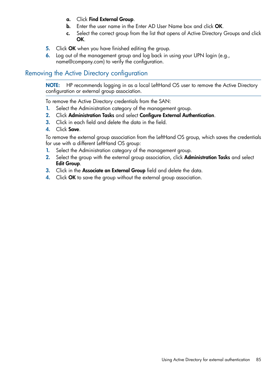 Removing the active directory configuration | HP StoreVirtual 4000 Storage User Manual | Page 85 / 288