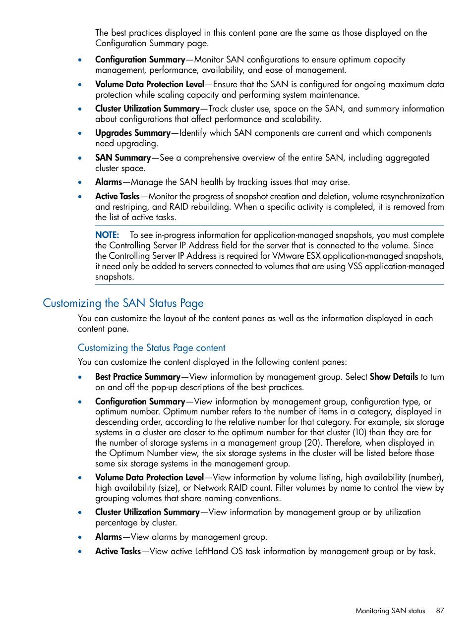 Customizing the san status page | HP StoreVirtual 4000 Storage User Manual | Page 87 / 288