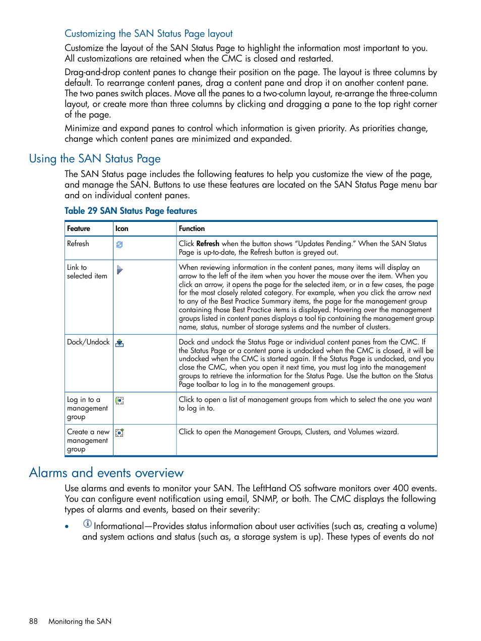Alarms and events overview, Using the san status page | HP StoreVirtual 4000 Storage User Manual | Page 88 / 288