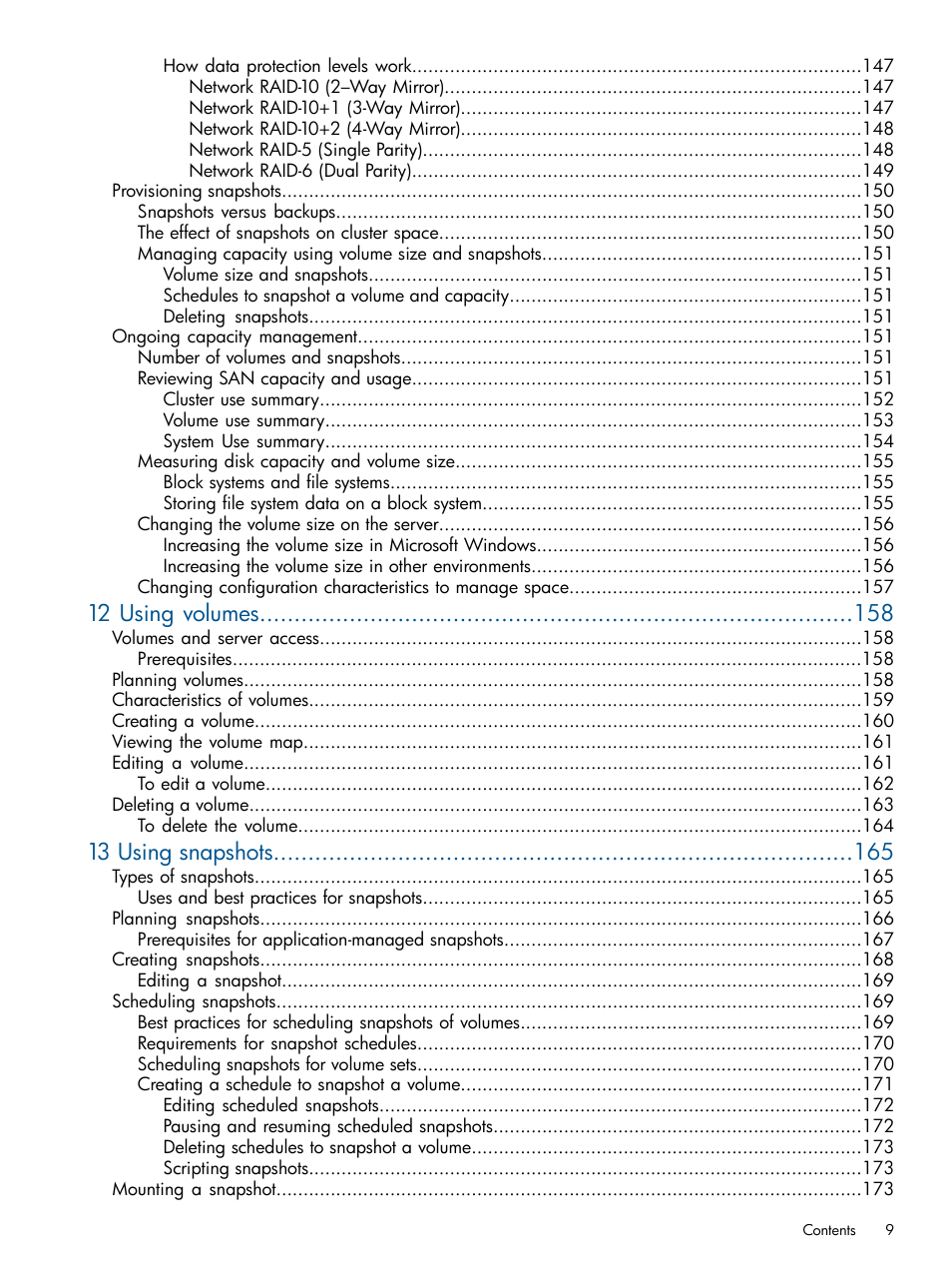 12 using volumes, 13 using snapshots | HP StoreVirtual 4000 Storage User Manual | Page 9 / 288