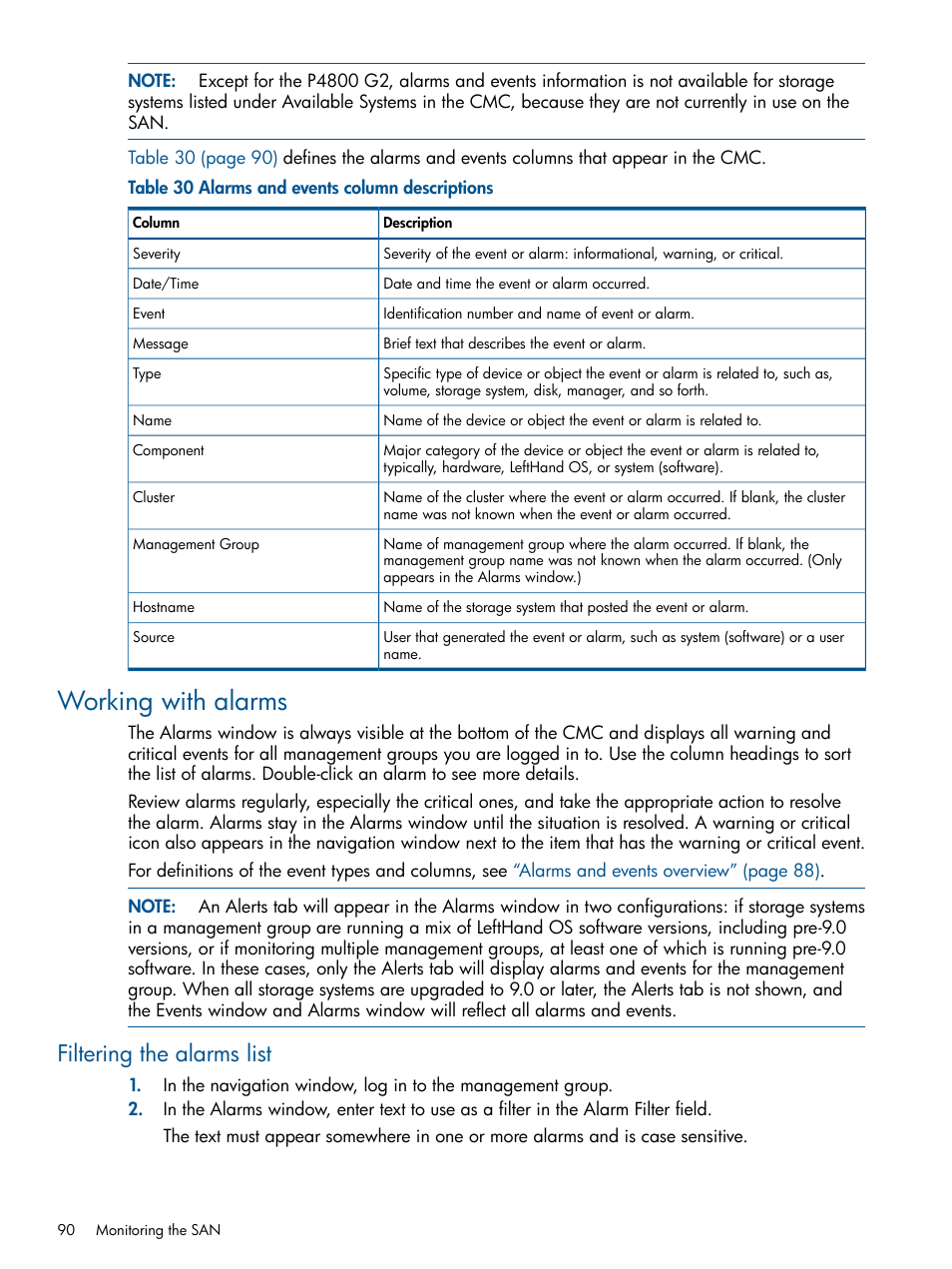 Working with alarms, Filtering the alarms list | HP StoreVirtual 4000 Storage User Manual | Page 90 / 288