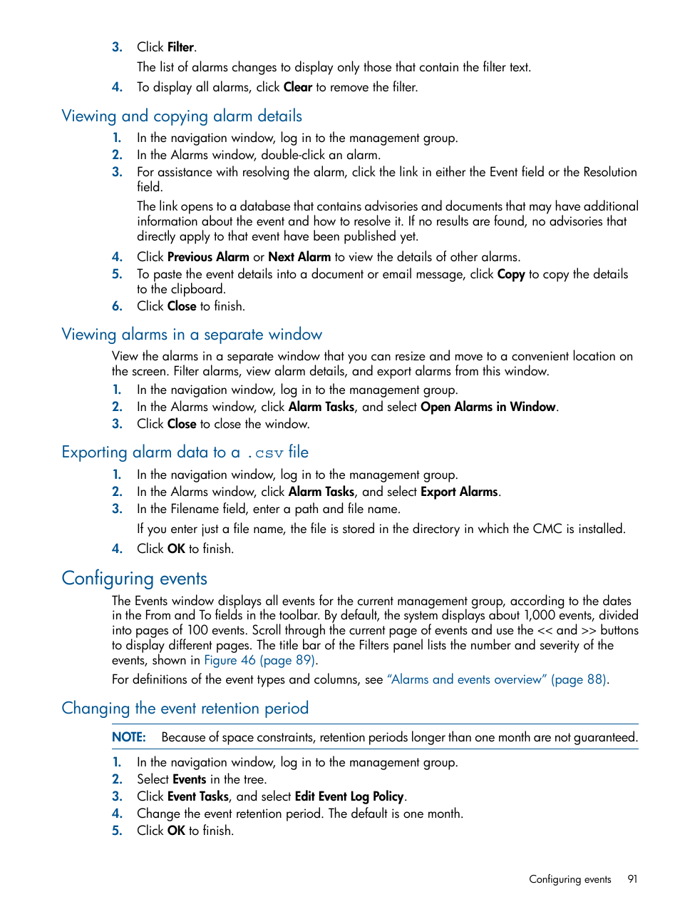 Viewing and copying alarm details, Viewing alarms in a separate window, Exporting alarm data to a .csv file | Configuring events, Changing the event retention period | HP StoreVirtual 4000 Storage User Manual | Page 91 / 288