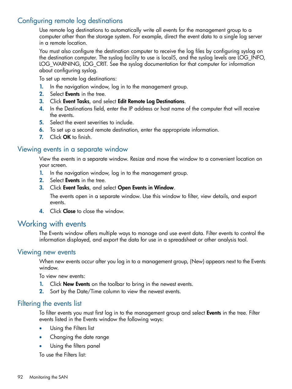 Configuring remote log destinations, Viewing events in a separate window, Working with events | Viewing new events, Filtering the events list, Viewing new events filtering the events list | HP StoreVirtual 4000 Storage User Manual | Page 92 / 288