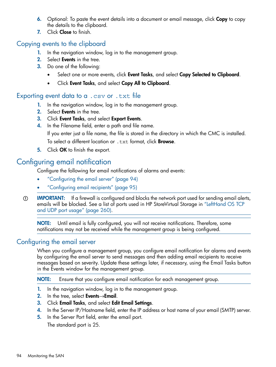 Copying events to the clipboard, Exporting event data to a .csv or .txt file, Configuring email notification | Configuring the email server, Configuring | HP StoreVirtual 4000 Storage User Manual | Page 94 / 288