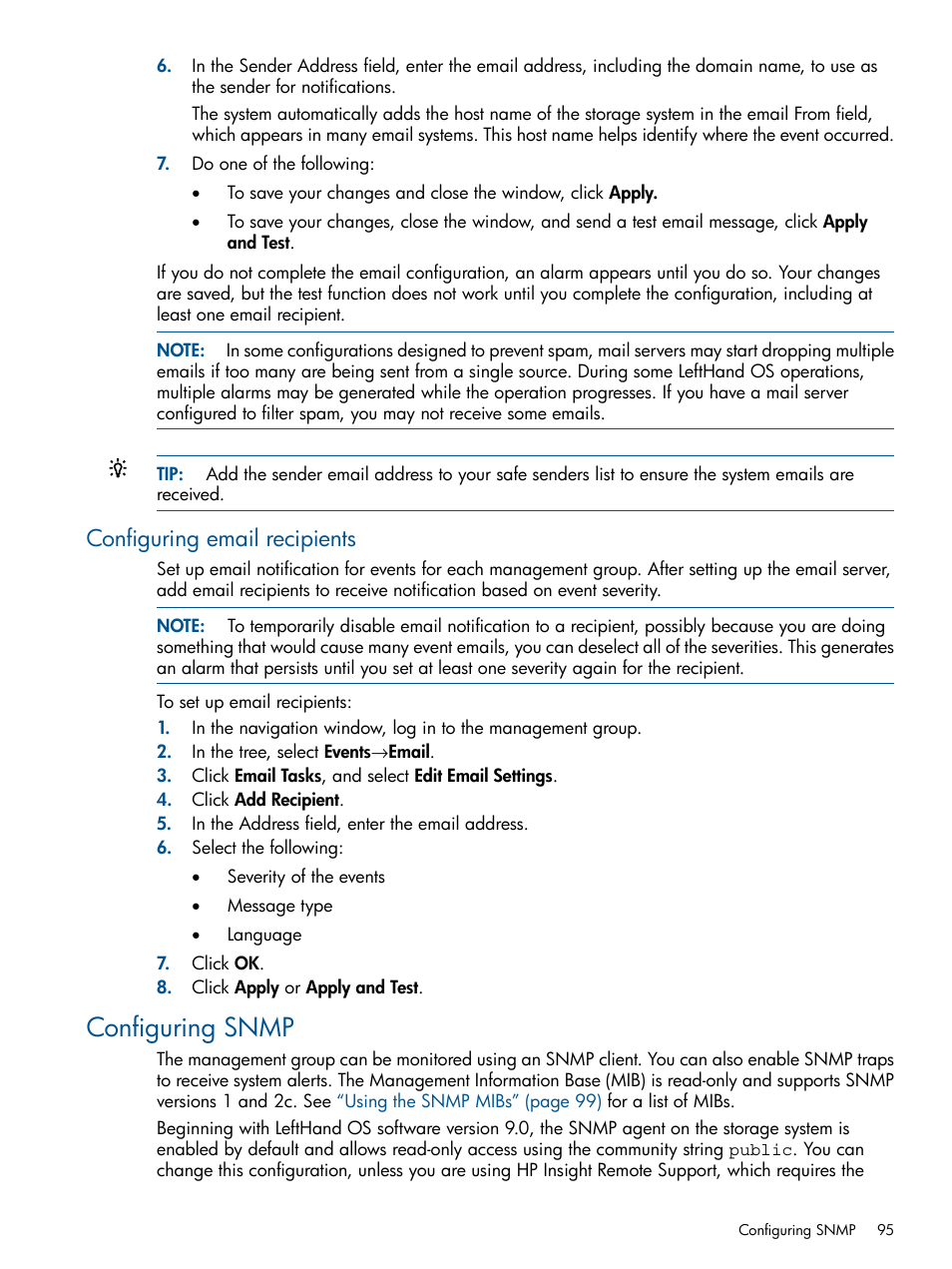 Configuring email recipients, Configuring snmp | HP StoreVirtual 4000 Storage User Manual | Page 95 / 288