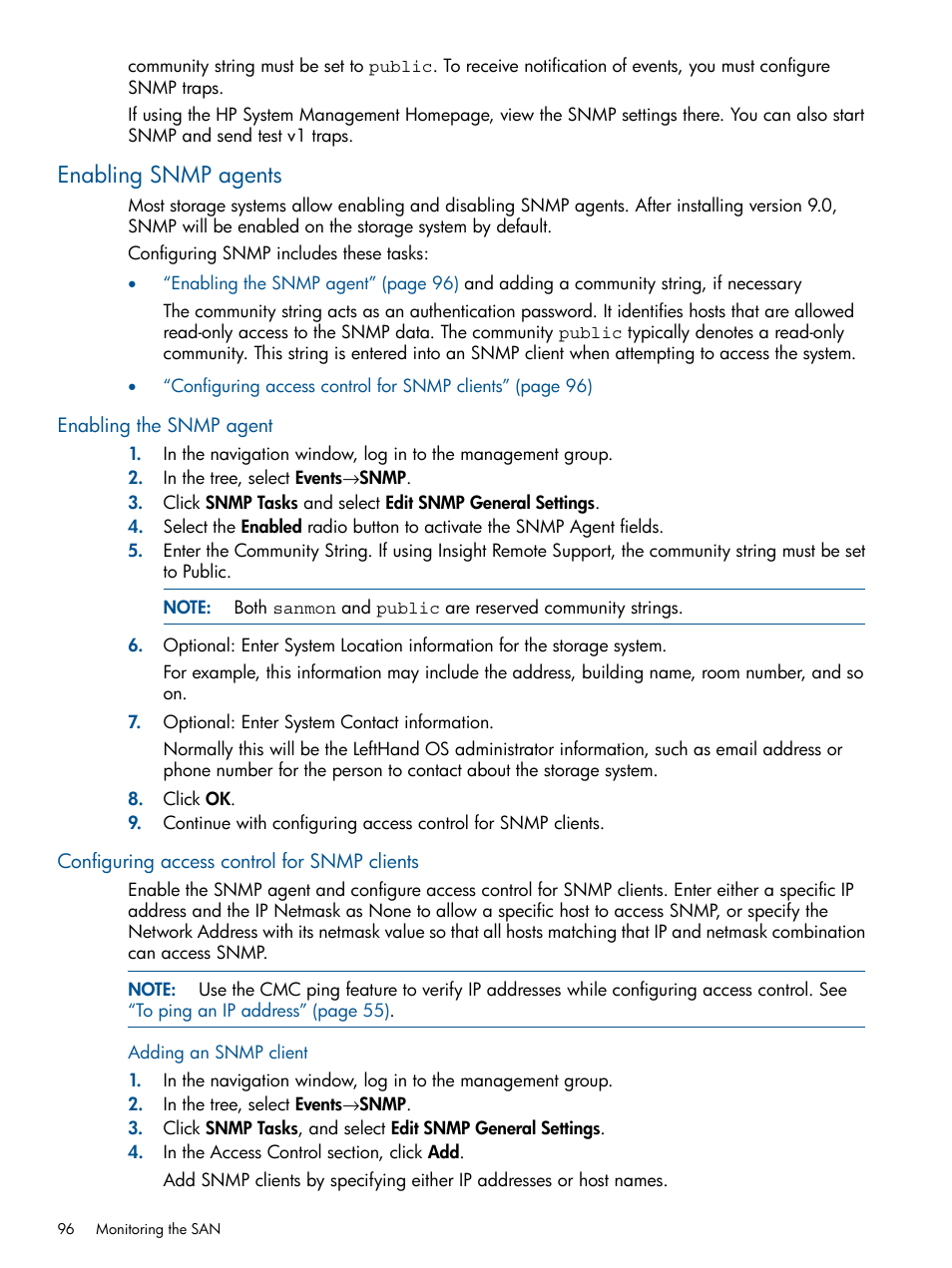 Enabling snmp agents, Enabling the snmp agent, Configuring access control for snmp clients | Adding an snmp client | HP StoreVirtual 4000 Storage User Manual | Page 96 / 288