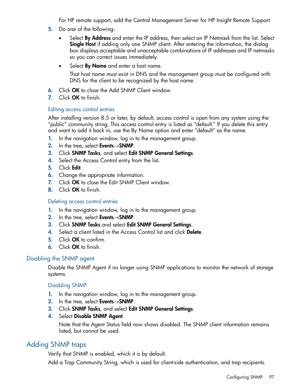 Editing access control entries, Deleting access control entries, Disabling the snmp agent | Disabling snmp, Adding snmp traps | HP StoreVirtual 4000 Storage User Manual | Page 97 / 288
