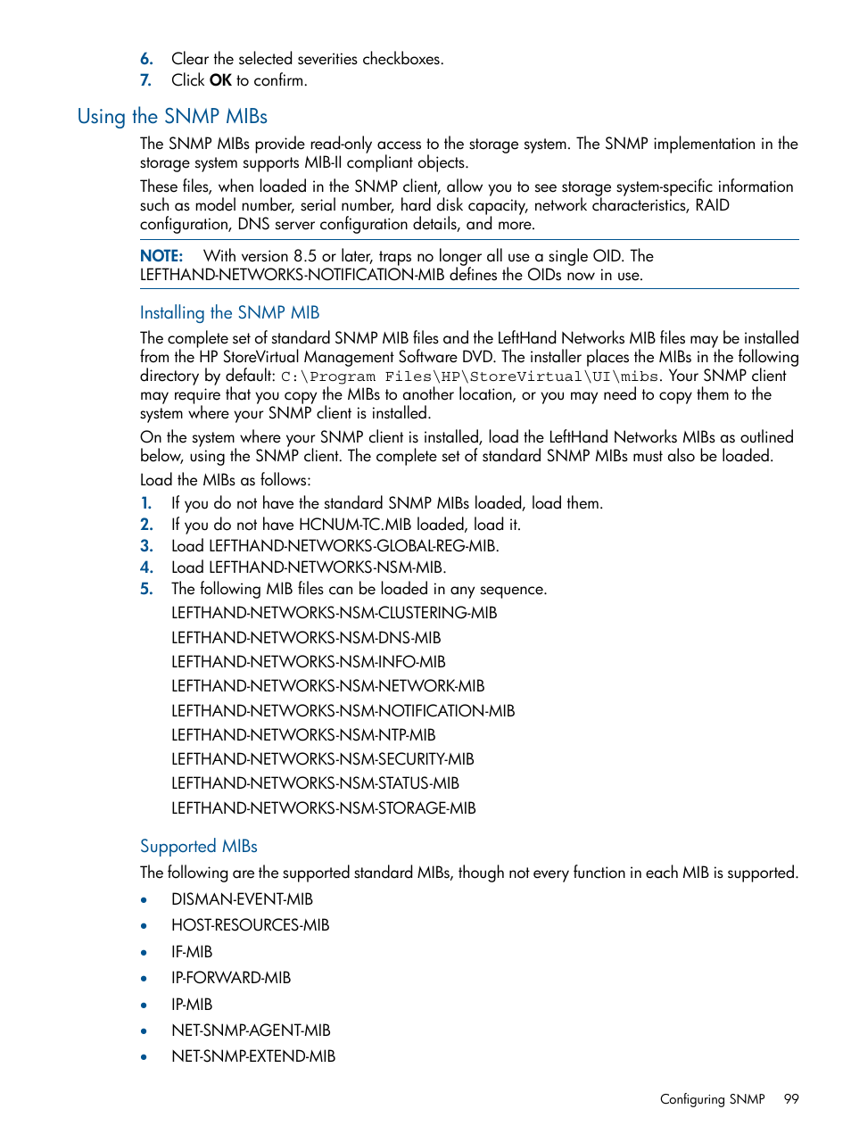 Using the snmp mibs | HP StoreVirtual 4000 Storage User Manual | Page 99 / 288