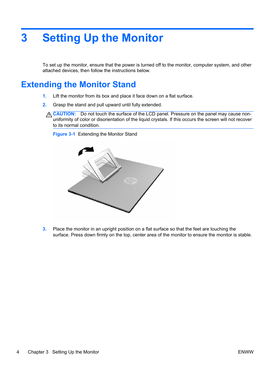 Setting up the monitor, Extending the monitor stand, 3 setting up the monitor | 3setting up the monitor | HP Elite L2201x 21.5-inch LED Backlit LCD Monitor User Manual | Page 10 / 28