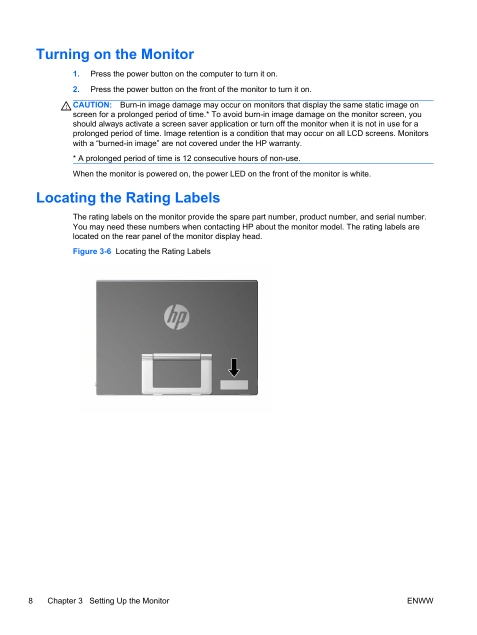 Turning on the monitor, Locating the rating labels, Turning on the monitor locating the rating labels | HP Elite L2201x 21.5-inch LED Backlit LCD Monitor User Manual | Page 14 / 28