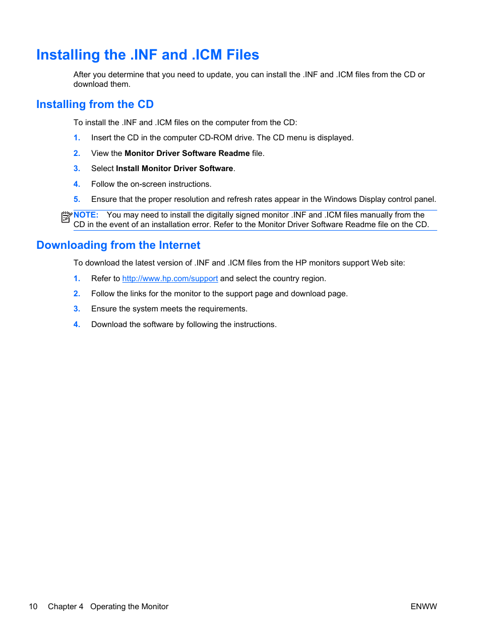 Installing the .inf and .icm files, Installing from the cd, Downloading from the internet | HP Elite L2201x 21.5-inch LED Backlit LCD Monitor User Manual | Page 16 / 28