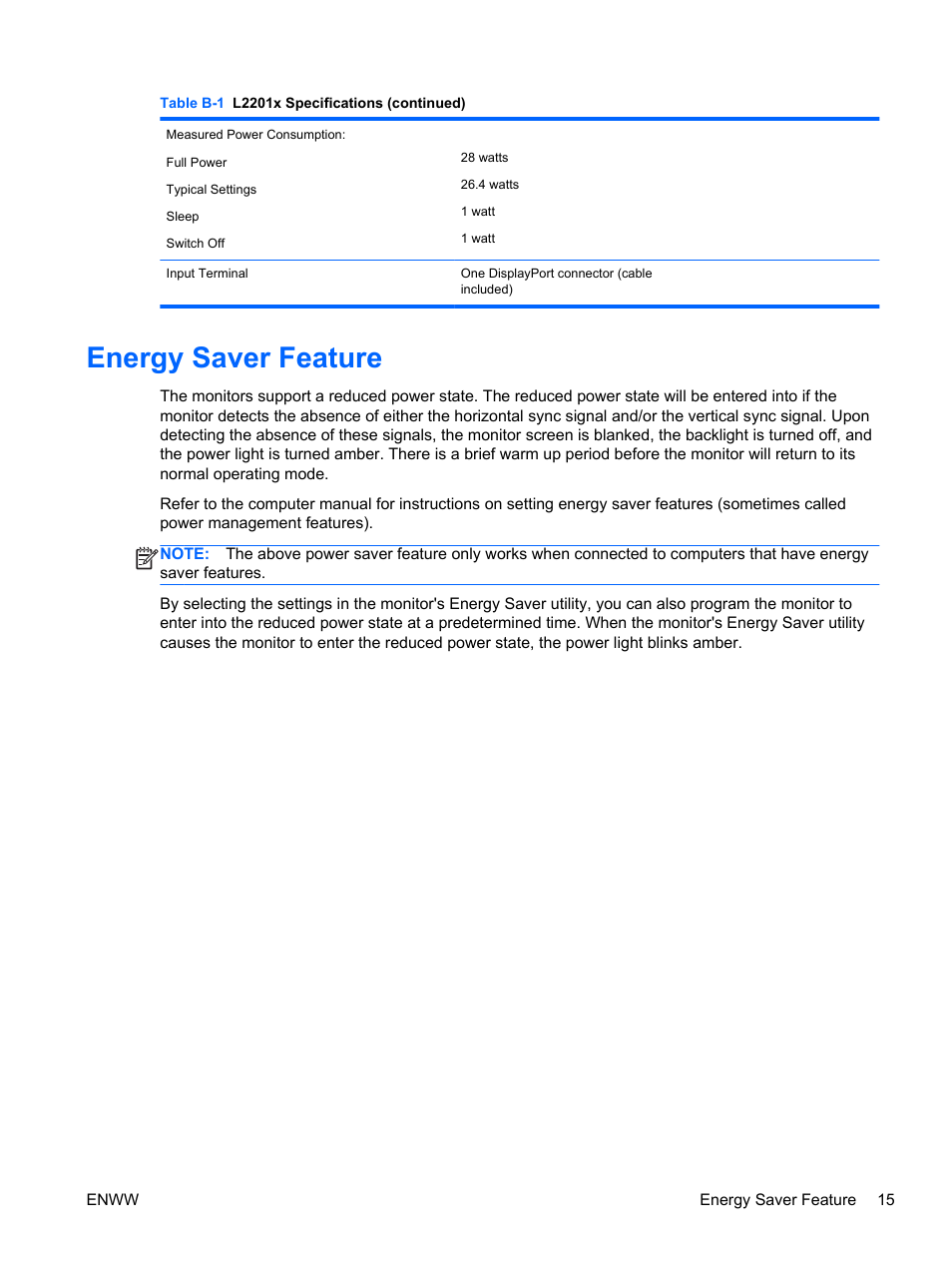 Energy saver feature | HP Elite L2201x 21.5-inch LED Backlit LCD Monitor User Manual | Page 21 / 28