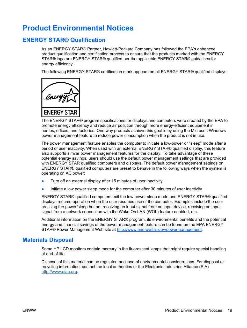 Product environmental notices, Energy star® qualification, Materials disposal | Energy star® qualification materials disposal | HP Elite L2201x 21.5-inch LED Backlit LCD Monitor User Manual | Page 25 / 28