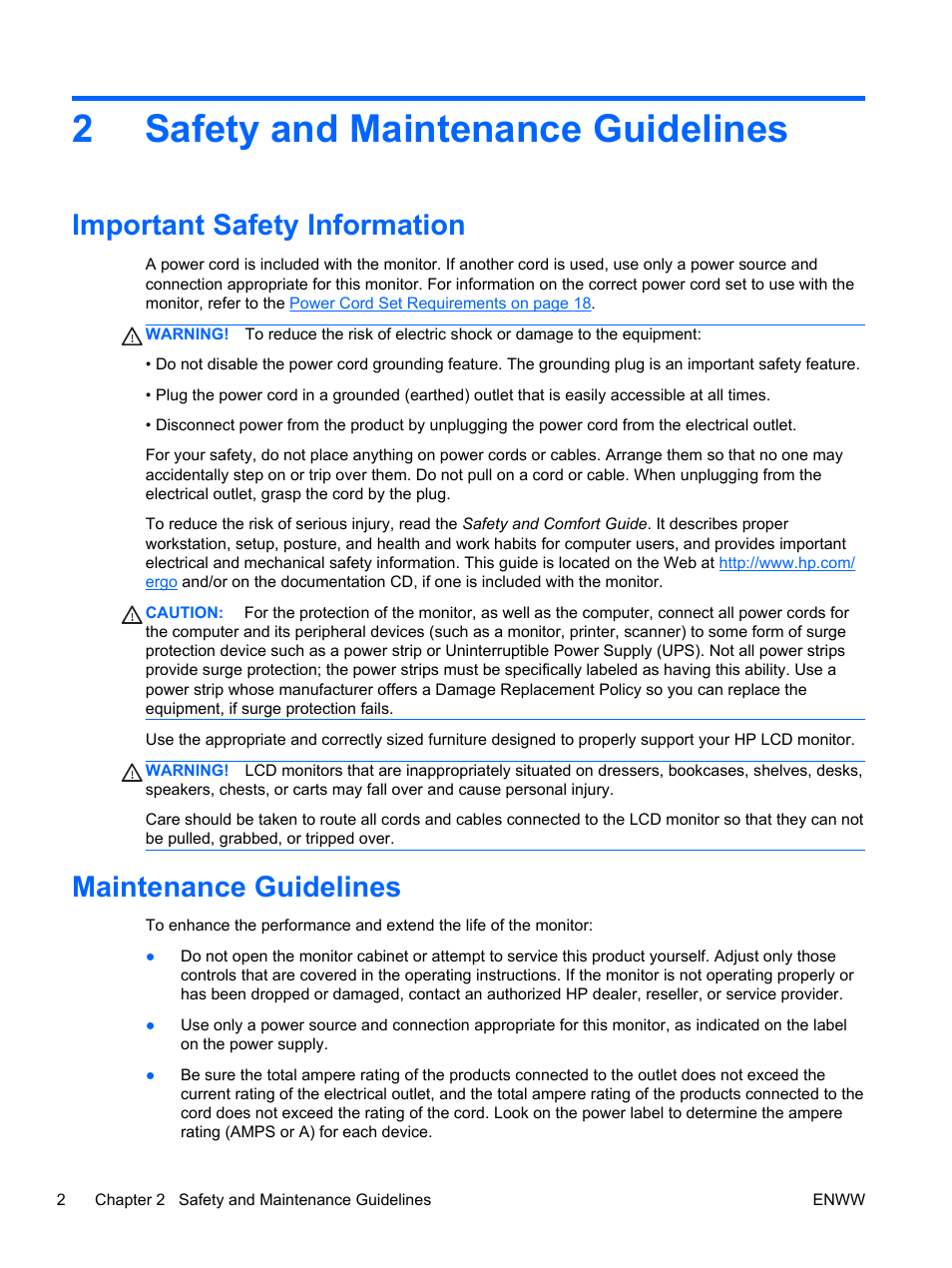 Safety and maintenance guidelines, Important safety information, Maintenance guidelines | 2 safety and maintenance guidelines, 2safety and maintenance guidelines | HP Elite L2201x 21.5-inch LED Backlit LCD Monitor User Manual | Page 8 / 28