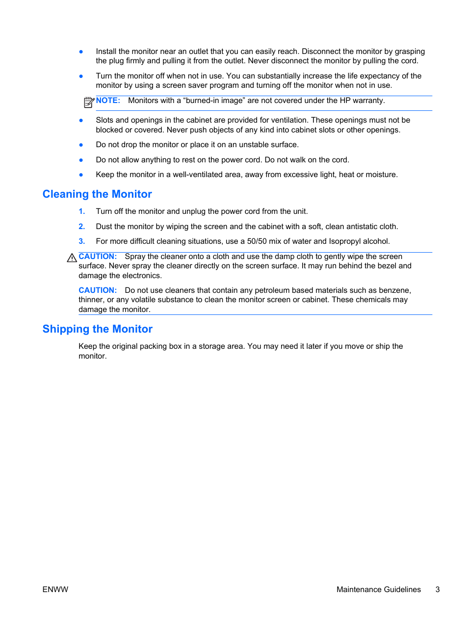 Cleaning the monitor, Shipping the monitor, Cleaning the monitor shipping the monitor | HP Elite L2201x 21.5-inch LED Backlit LCD Monitor User Manual | Page 9 / 28