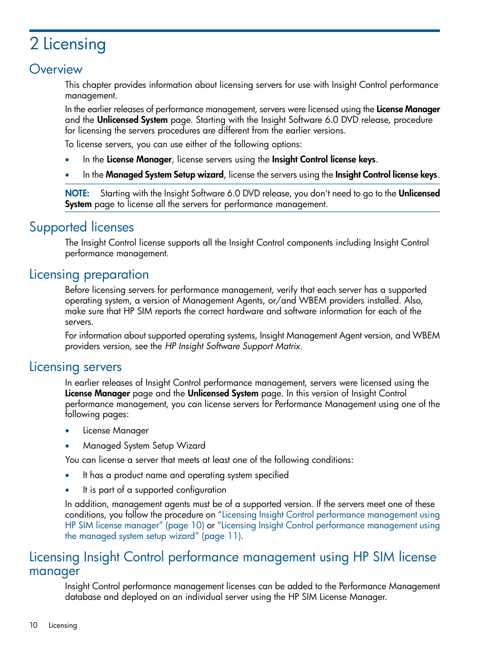 2 licensing, Overview, Supported licenses | Licensing preparation, Licensing servers | HP Insight Control User Manual | Page 10 / 75