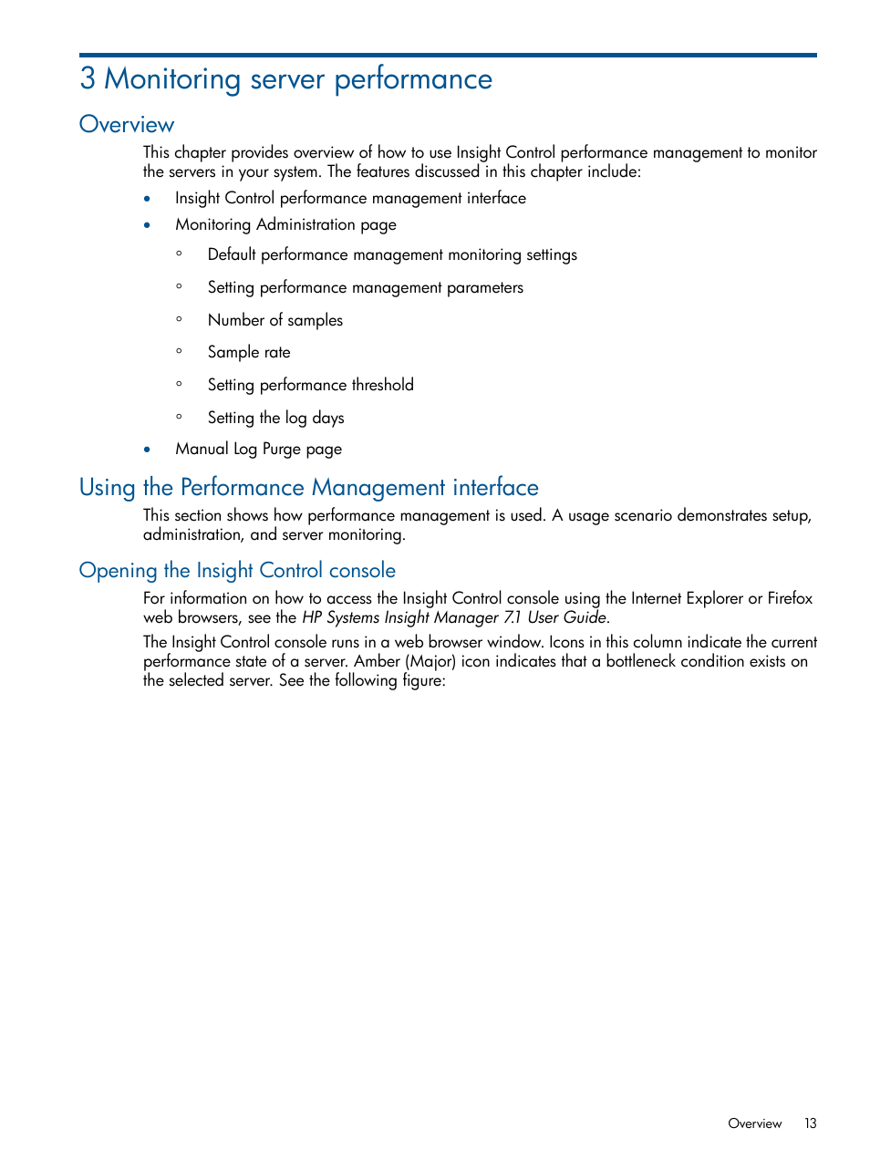 3 monitoring server performance, Overview, Using the performance management interface | Opening the insight control console | HP Insight Control User Manual | Page 13 / 75