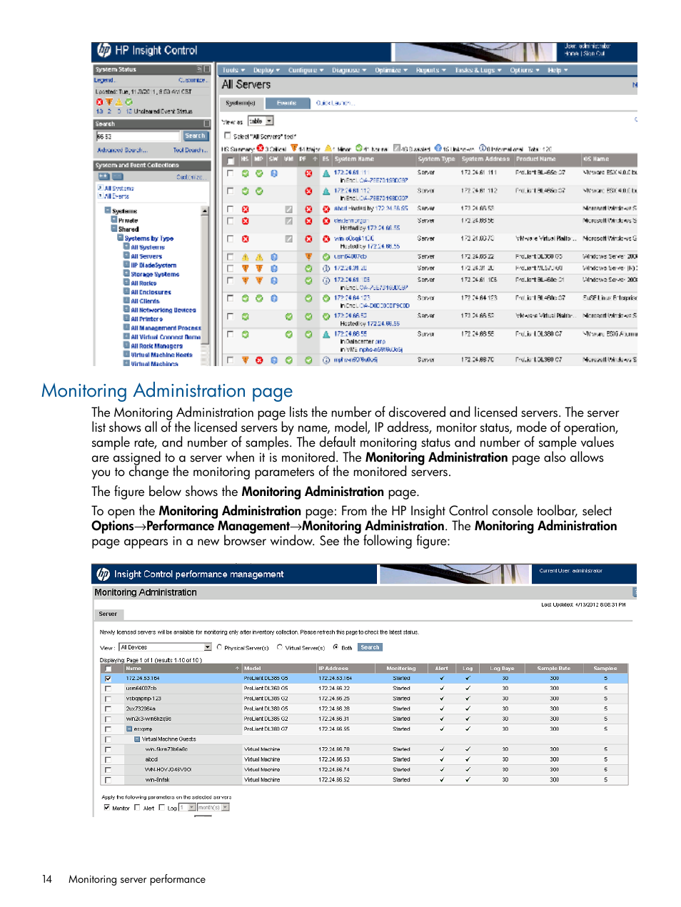 Monitoring administration page | HP Insight Control User Manual | Page 14 / 75