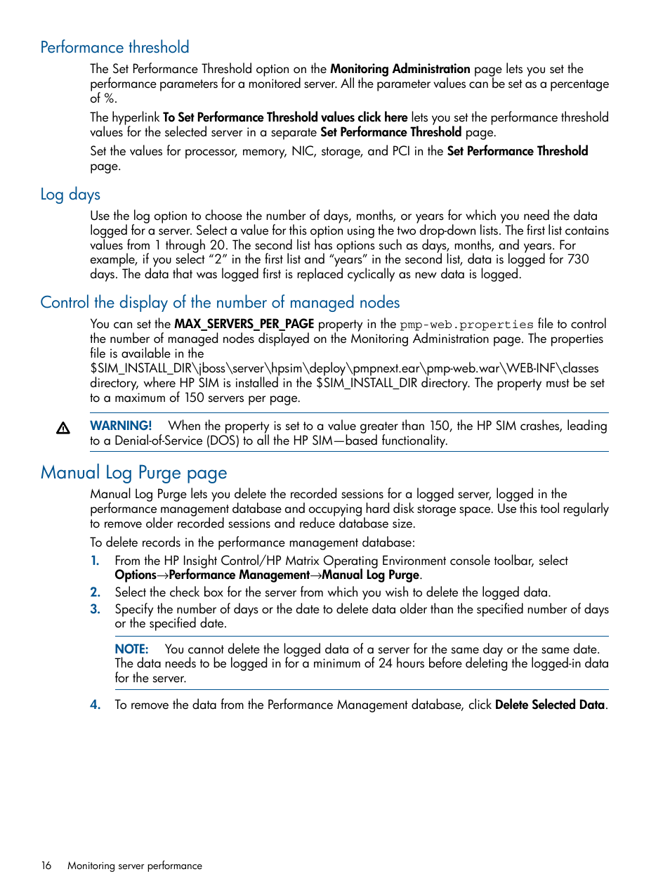 Performance threshold, Log days, Control the display of the number of managed nodes | Manual log purge page | HP Insight Control User Manual | Page 16 / 75