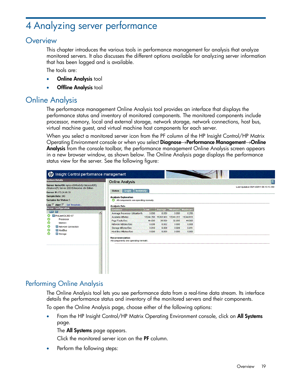 4 analyzing server performance, Overview, Online analysis | Performing online analysis, Overview online analysis | HP Insight Control User Manual | Page 19 / 75