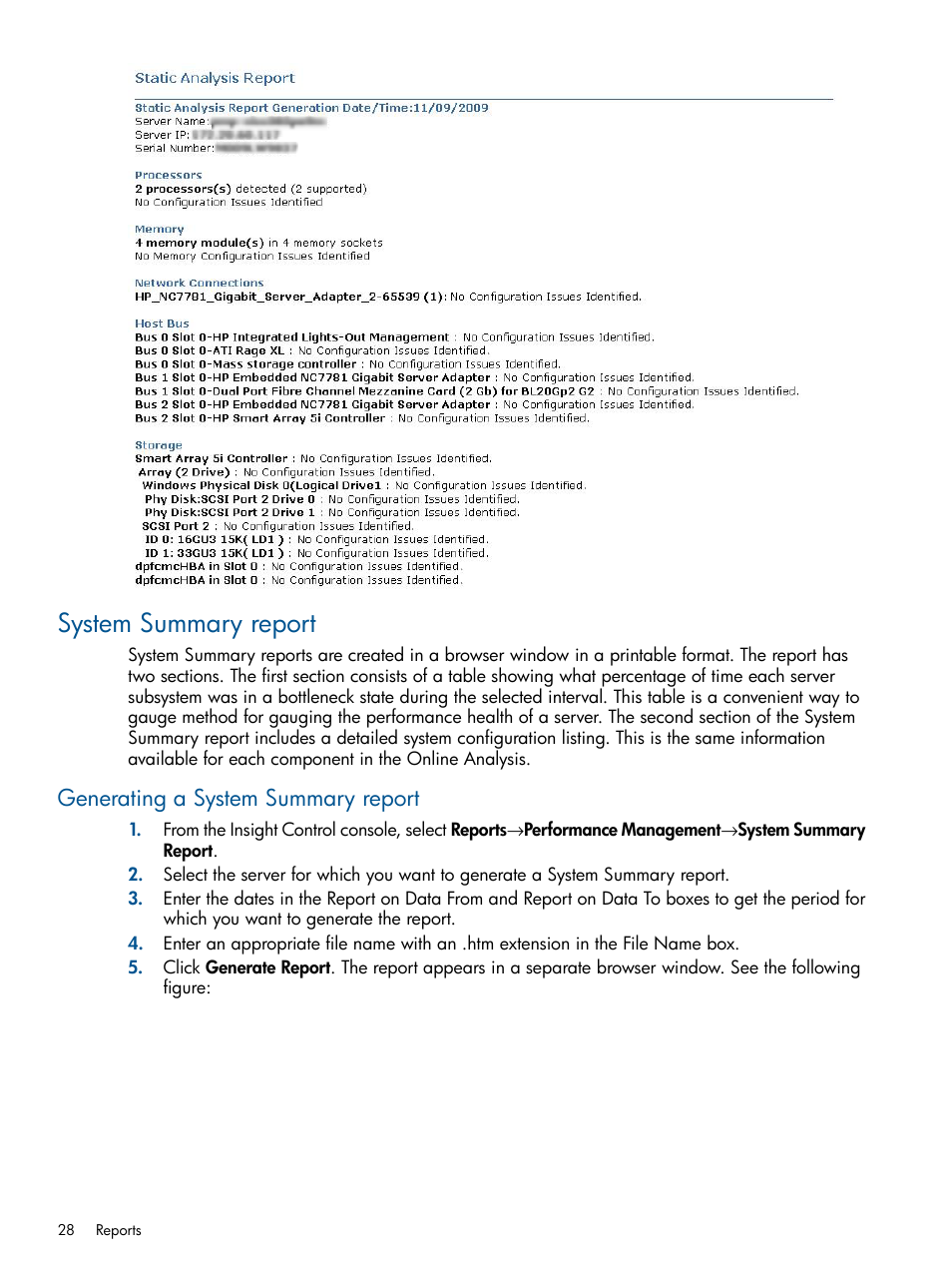 System summary report, Generating a system summary report | HP Insight Control User Manual | Page 28 / 75