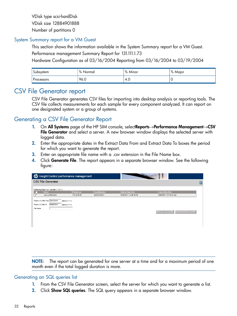 System summary report for a vm guest, Csv file generator report, Generating a csv file generator report | Generating an sql queries list | HP Insight Control User Manual | Page 32 / 75