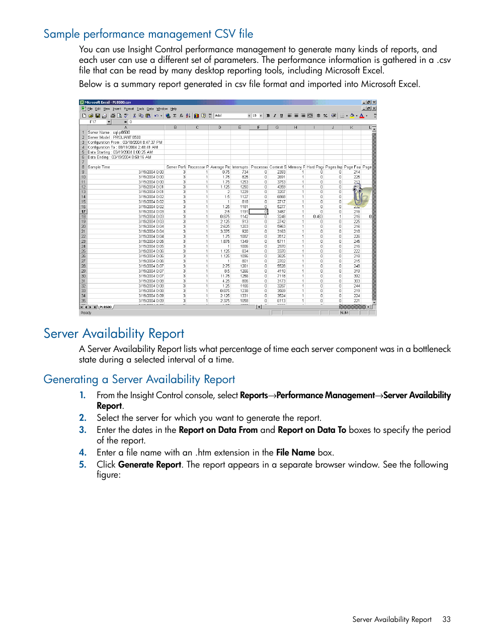 Sample performance management csv file, Server availability report, Generating a server availability report | HP Insight Control User Manual | Page 33 / 75