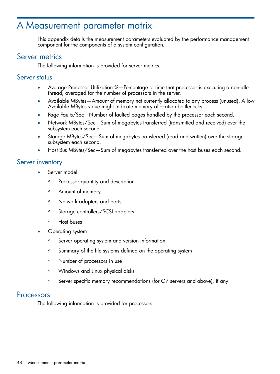 A measurement parameter matrix, Server metrics, Server status | Server inventory, Processors, Server status server inventory | HP Insight Control User Manual | Page 48 / 75