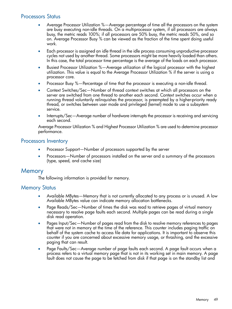 Processors status, Processors inventory, Memory | Memory status, Processors status processors inventory | HP Insight Control User Manual | Page 49 / 75