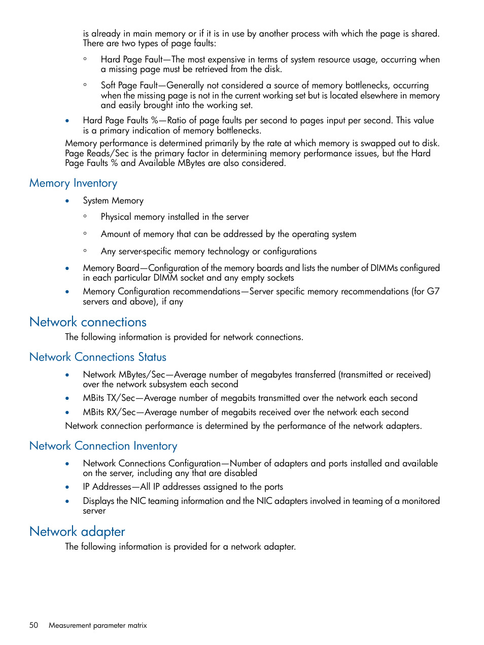 Memory inventory, Network connections, Network connections status | Network connection inventory, Network adapter | HP Insight Control User Manual | Page 50 / 75