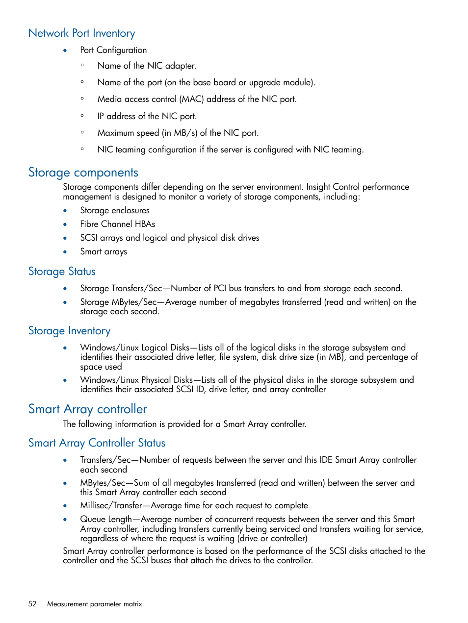 Network port inventory, Storage components, Storage status | Storage inventory, Smart array controller, Smart array controller status, Storage status storage inventory | HP Insight Control User Manual | Page 52 / 75