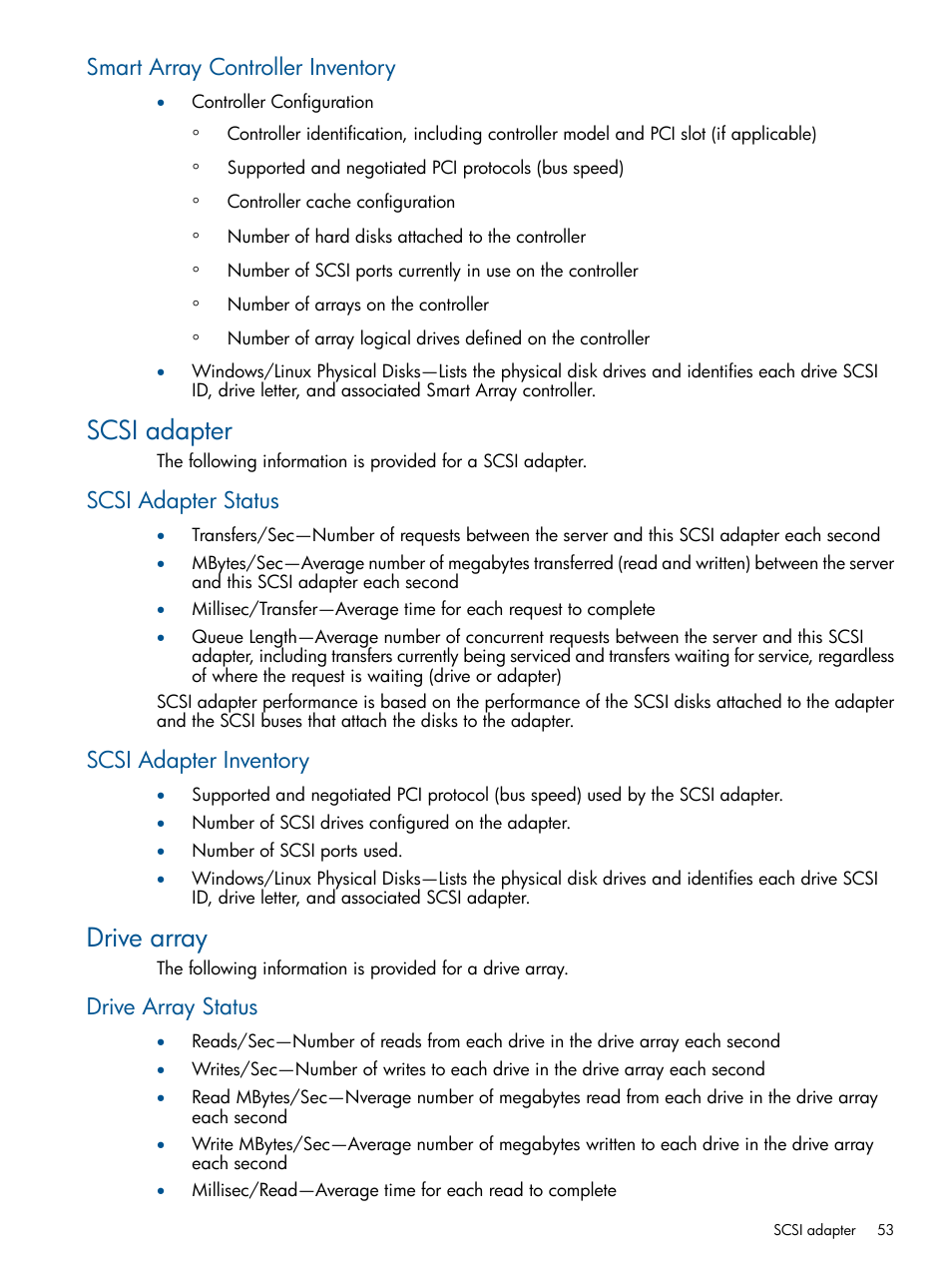 Smart array controller inventory, Scsi adapter, Scsi adapter status | Scsi adapter inventory, Drive array, Drive array status, Scsi adapter status scsi adapter inventory | HP Insight Control User Manual | Page 53 / 75