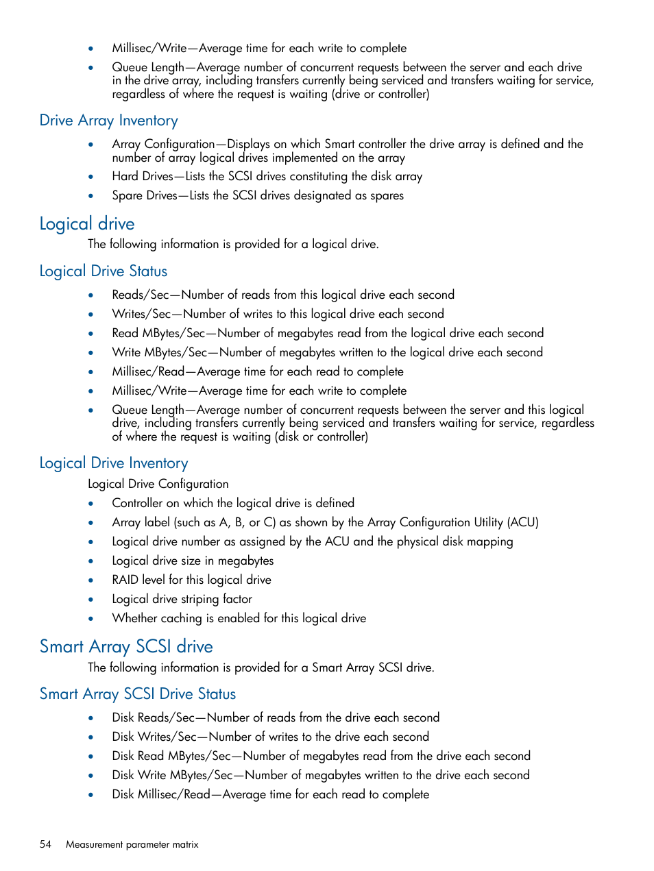 Drive array inventory, Logical drive, Logical drive status | Logical drive inventory, Smart array scsi drive, Smart array scsi drive status, Logical drive status logical drive inventory | HP Insight Control User Manual | Page 54 / 75