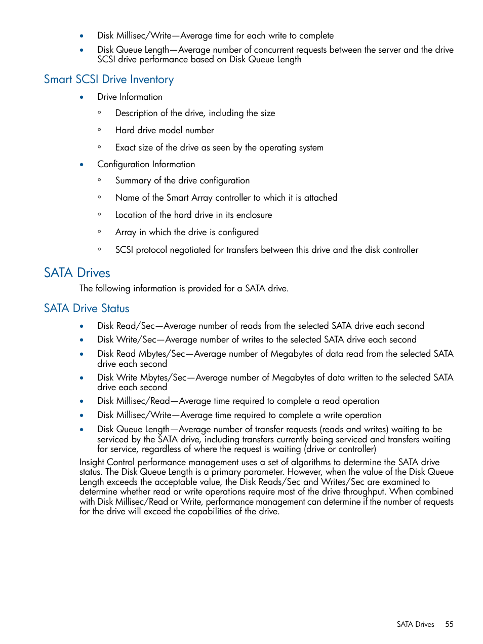 Smart scsi drive inventory, Sata drives, Sata drive status | HP Insight Control User Manual | Page 55 / 75