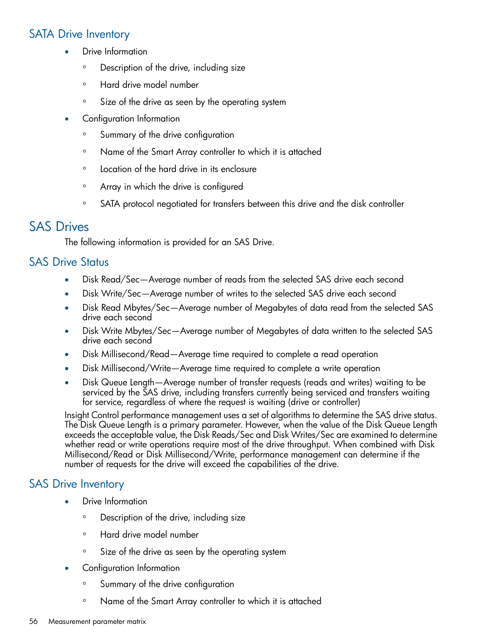 Sata drive inventory, Sas drives, Sas drive status | Sas drive inventory, Sas drive status sas drive inventory | HP Insight Control User Manual | Page 56 / 75