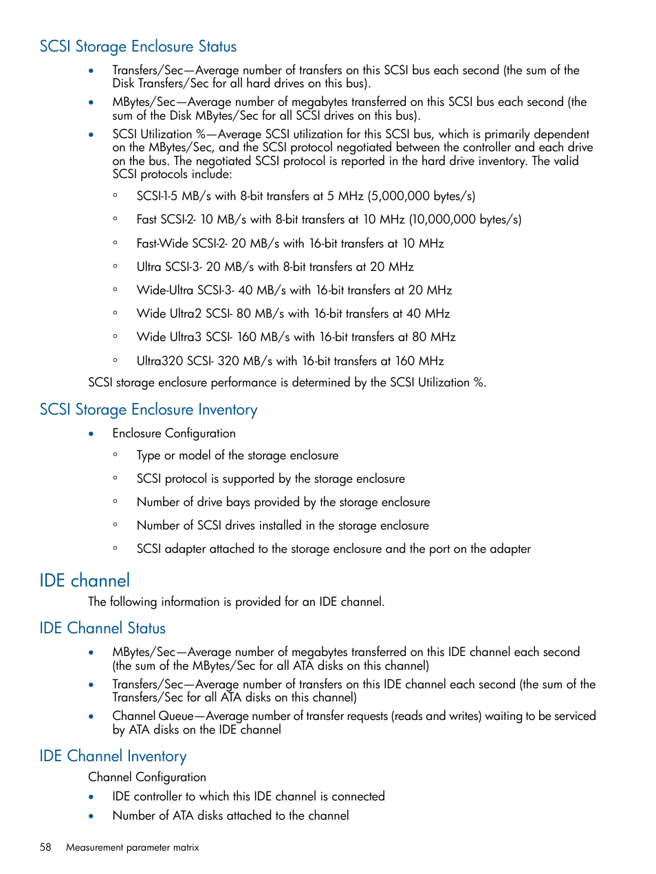 Scsi storage enclosure status, Scsi storage enclosure inventory, Ide channel | Ide channel status, Ide channel inventory, Ide channel status ide channel inventory | HP Insight Control User Manual | Page 58 / 75