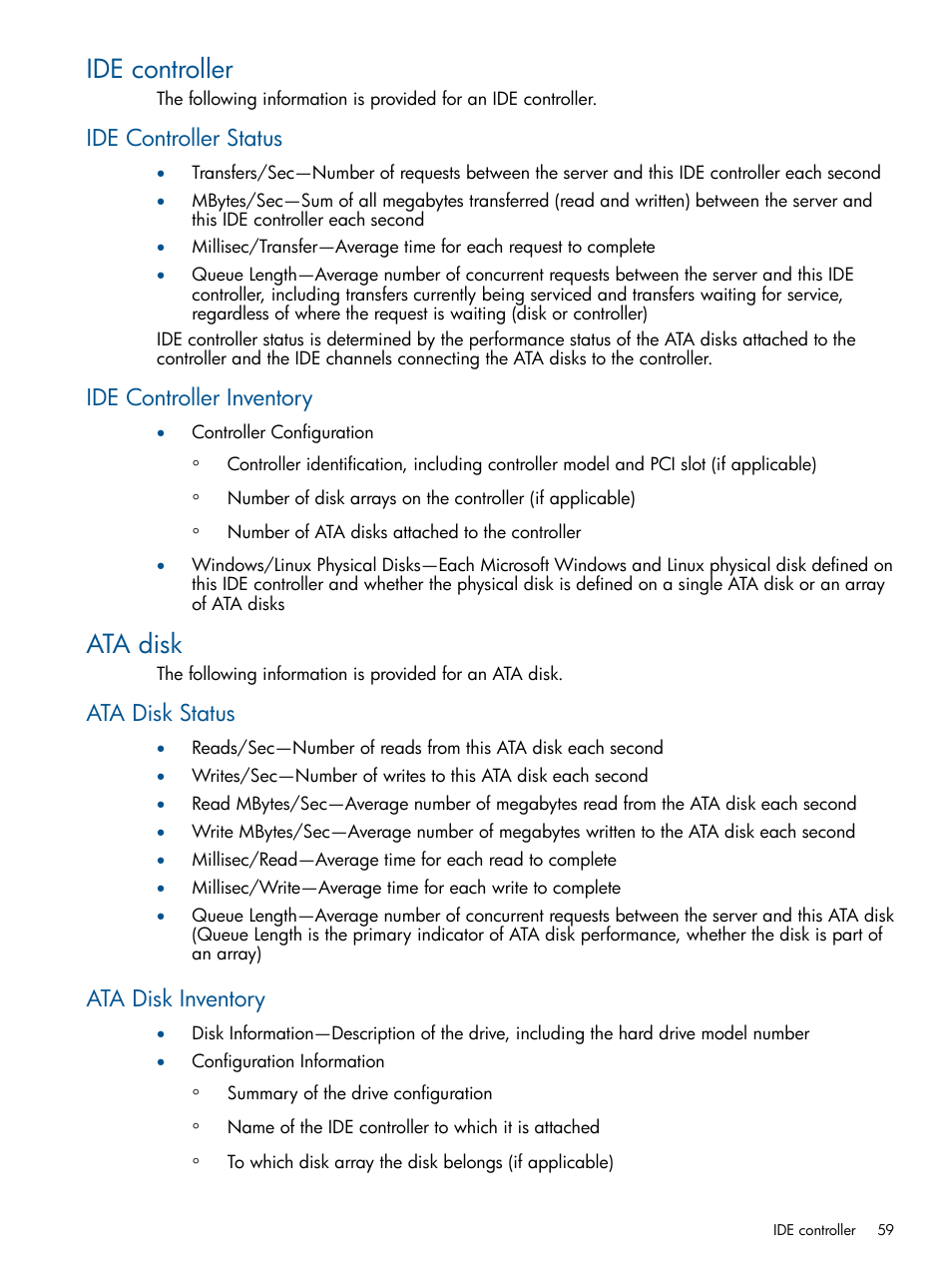 Ide controller, Ide controller status, Ide controller inventory | Ata disk, Ata disk status, Ata disk inventory, Ata disk status ata disk inventory | HP Insight Control User Manual | Page 59 / 75