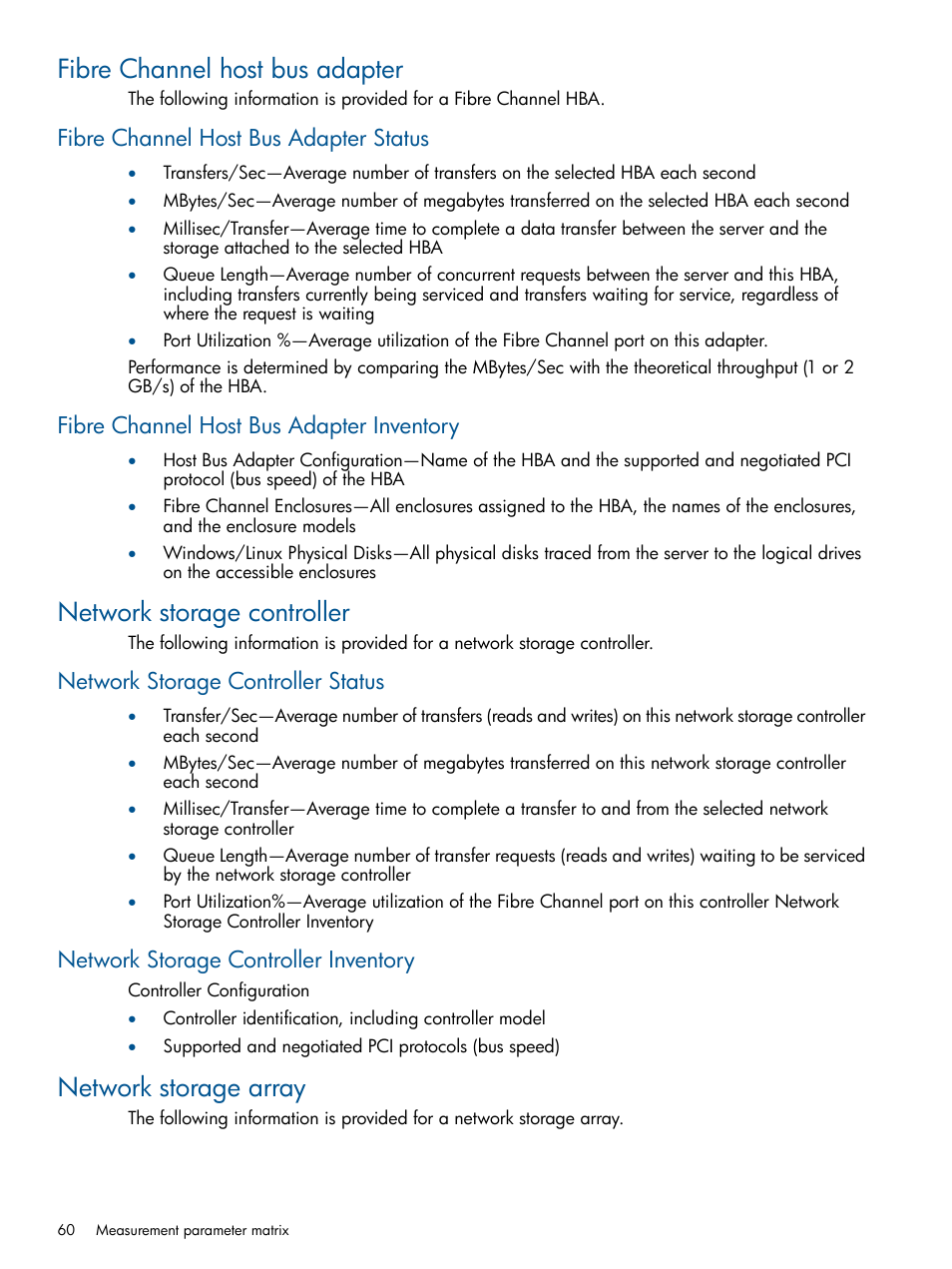 Fibre channel host bus adapter, Fibre channel host bus adapter status, Fibre channel host bus adapter inventory | Network storage controller, Network storage controller status, Network storage controller inventory, Network storage array | HP Insight Control User Manual | Page 60 / 75