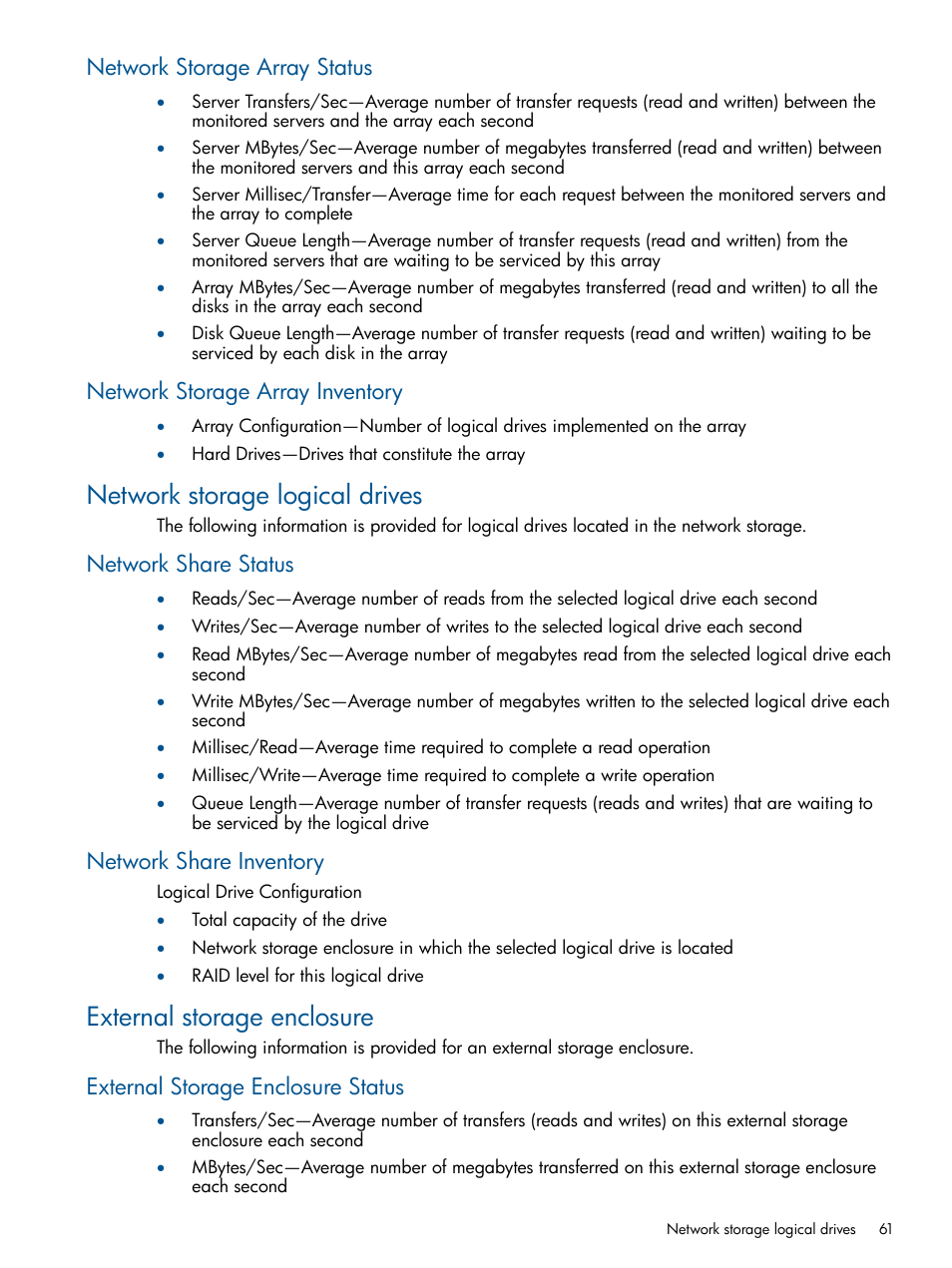 Network storage array status, Network storage array inventory, Network storage logical drives | Network share status, Network share inventory, External storage enclosure, External storage enclosure status, Network share status network share inventory | HP Insight Control User Manual | Page 61 / 75