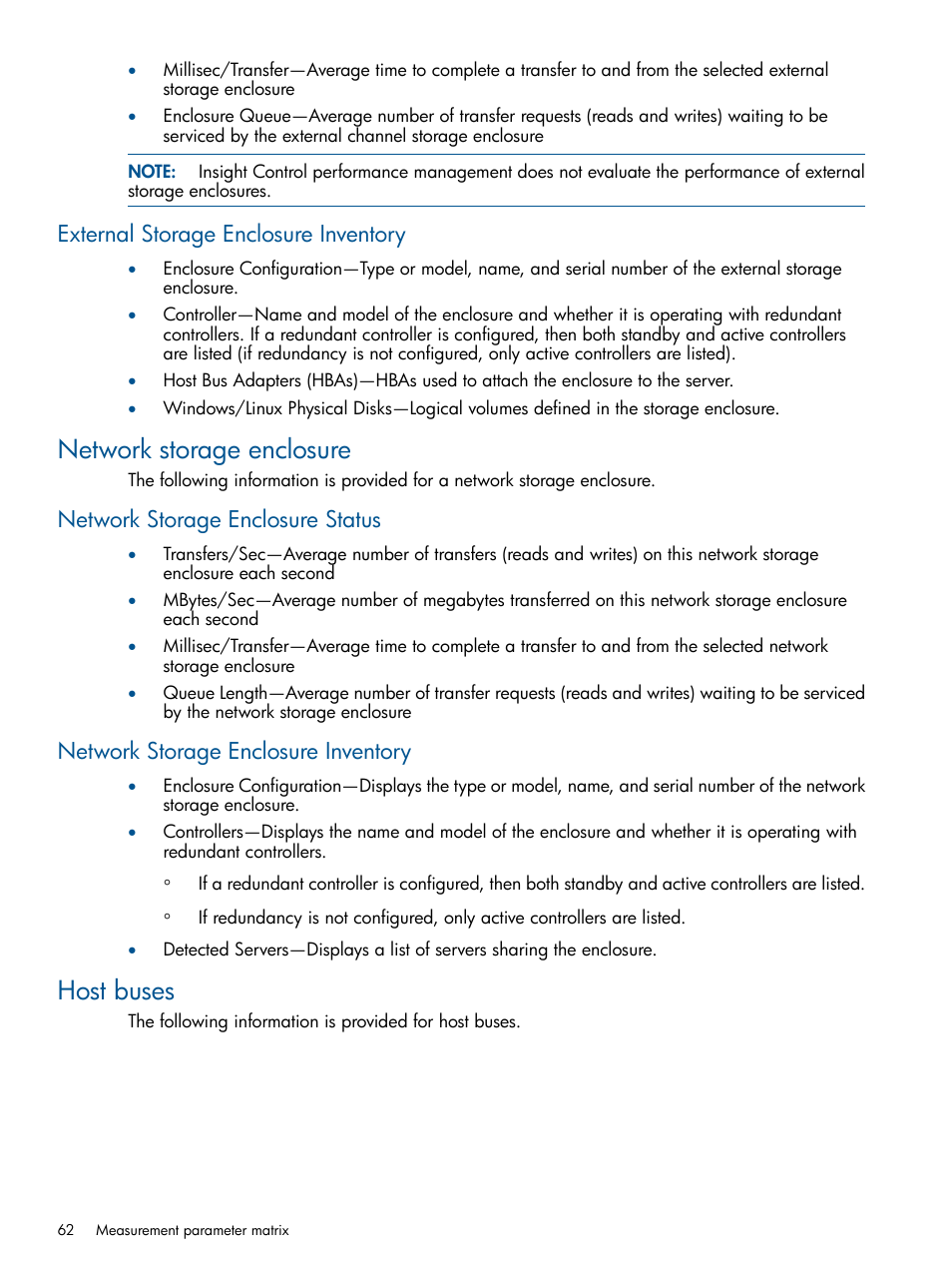 External storage enclosure inventory, Network storage enclosure, Network storage enclosure status | Network storage enclosure inventory, Host buses | HP Insight Control User Manual | Page 62 / 75