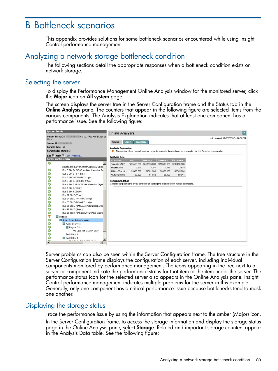 B bottleneck scenarios, Analyzing a network storage bottleneck condition, Selecting the server | Displaying the storage status, Selecting the server displaying the storage status | HP Insight Control User Manual | Page 65 / 75