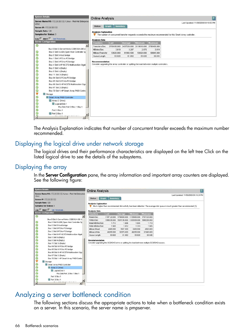 Displaying the logical drive under network storage, Displaying the array, Analyzing a server bottleneck condition | HP Insight Control User Manual | Page 66 / 75