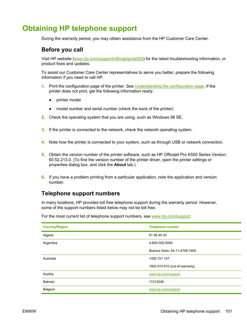 Obtaining hp telephone support, Before you call, Telephone support numbers | Before you call telephone support numbers | HP Officejet Pro K550 Printer User Manual | Page 109 / 138