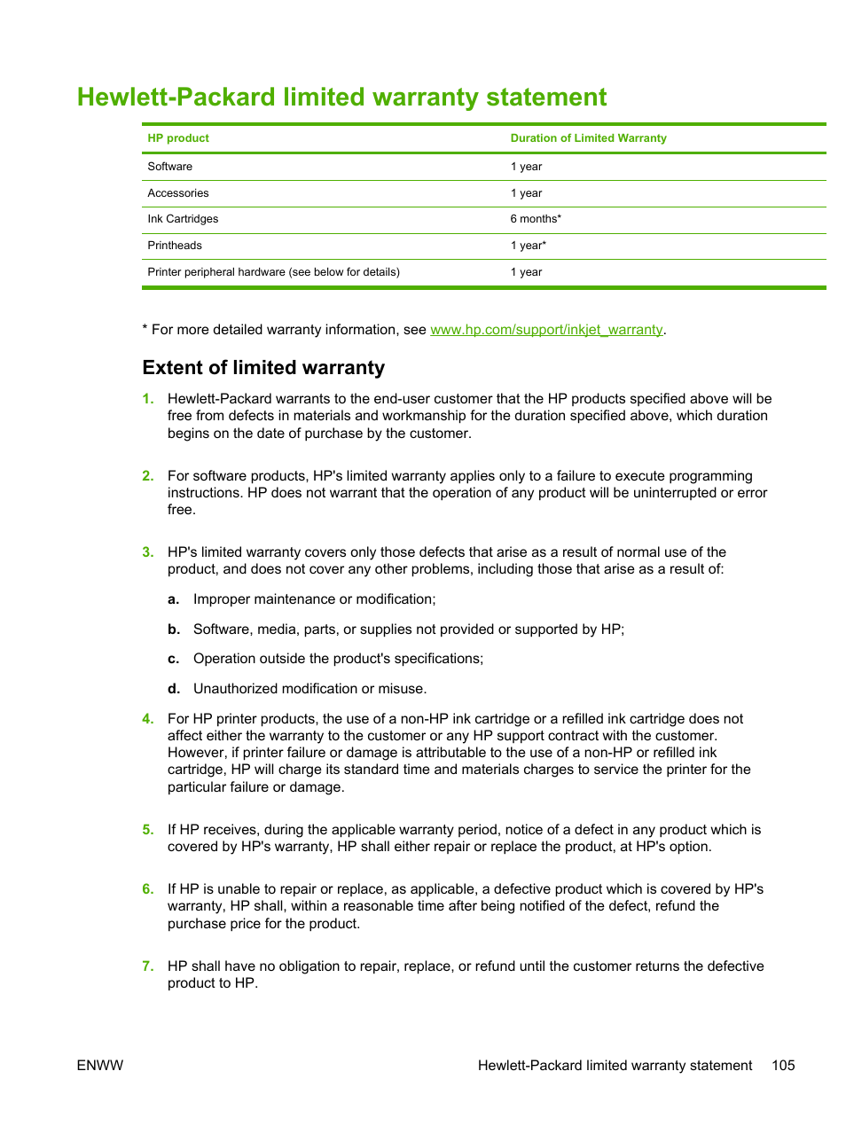 Hewlett-packard limited warranty statement, Extent of limited warranty | HP Officejet Pro K550 Printer User Manual | Page 113 / 138