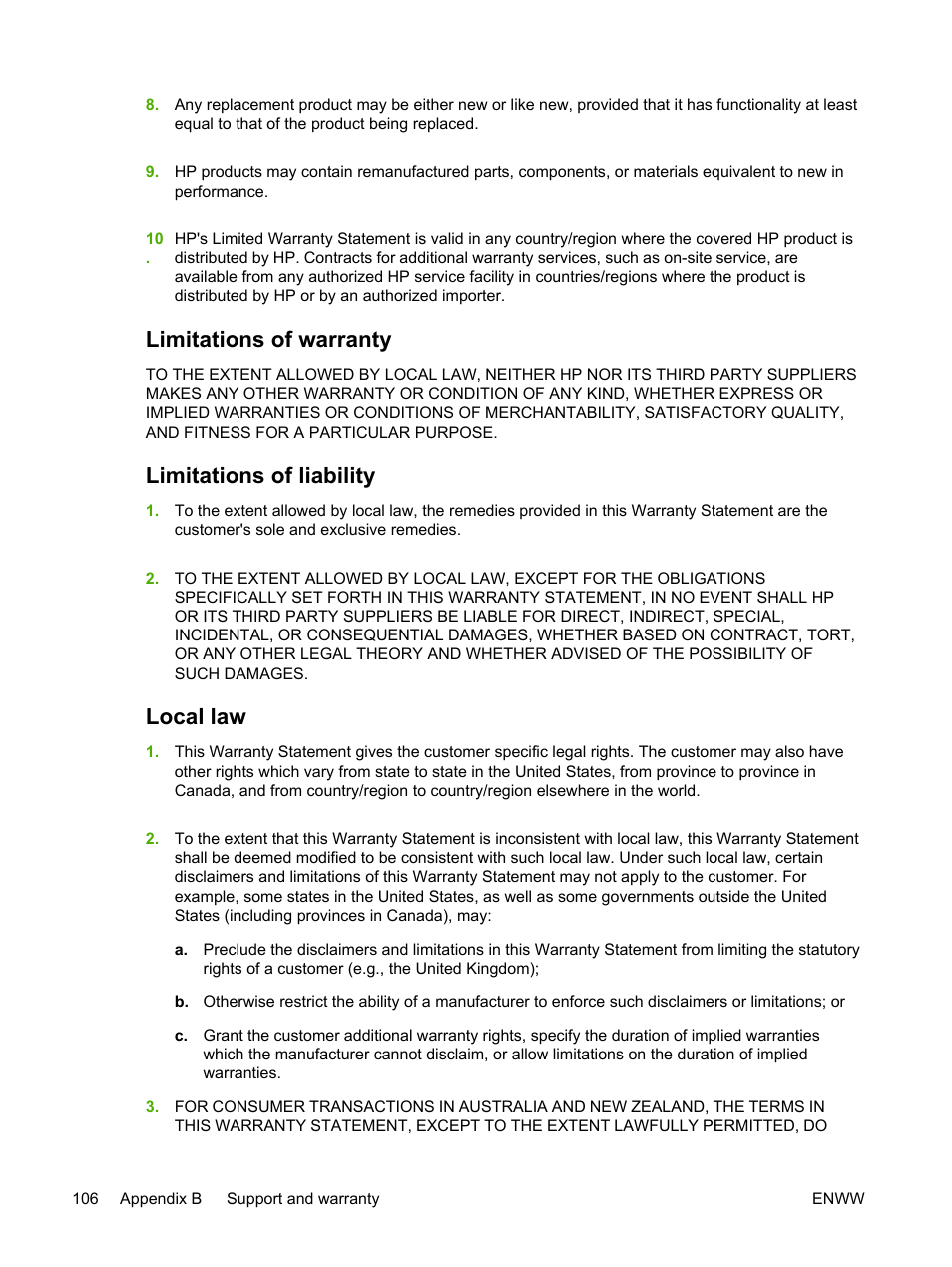 Limitations of warranty, Limitations of liability, Local law | HP Officejet Pro K550 Printer User Manual | Page 114 / 138